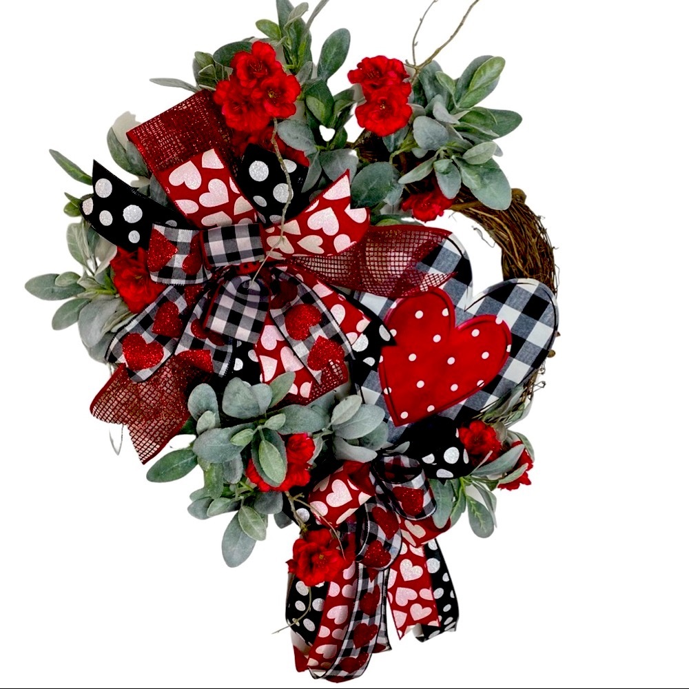 Valentine Day Lambs Ear Heart Wreath, Polka Dot Red Heart Wreath, Love Wreath